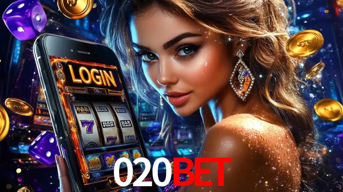 Mulher glamorosa segurando um smartphone com a tela de login para os jogos de caça-níqueis do cassino online 020BET, com moedas de ouro e dados ao redor.