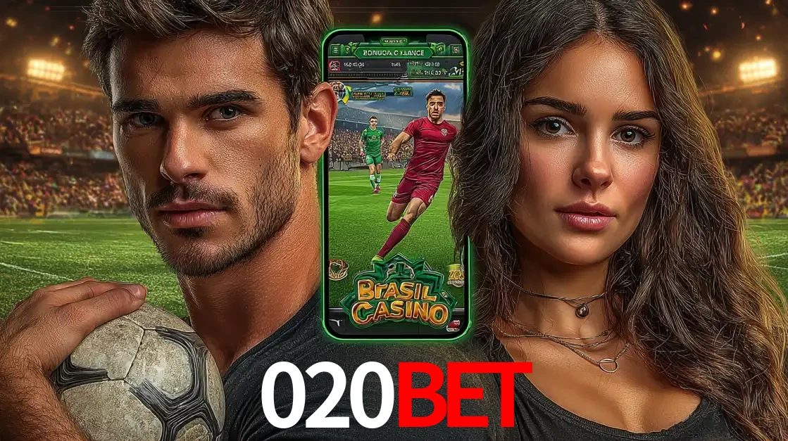 Homem segurando uma bola de futebol e uma mulher ao lado de um smartphone exibindo o jogo de apostas esportivas da 020BET. Faça seu palpite no cassino online.